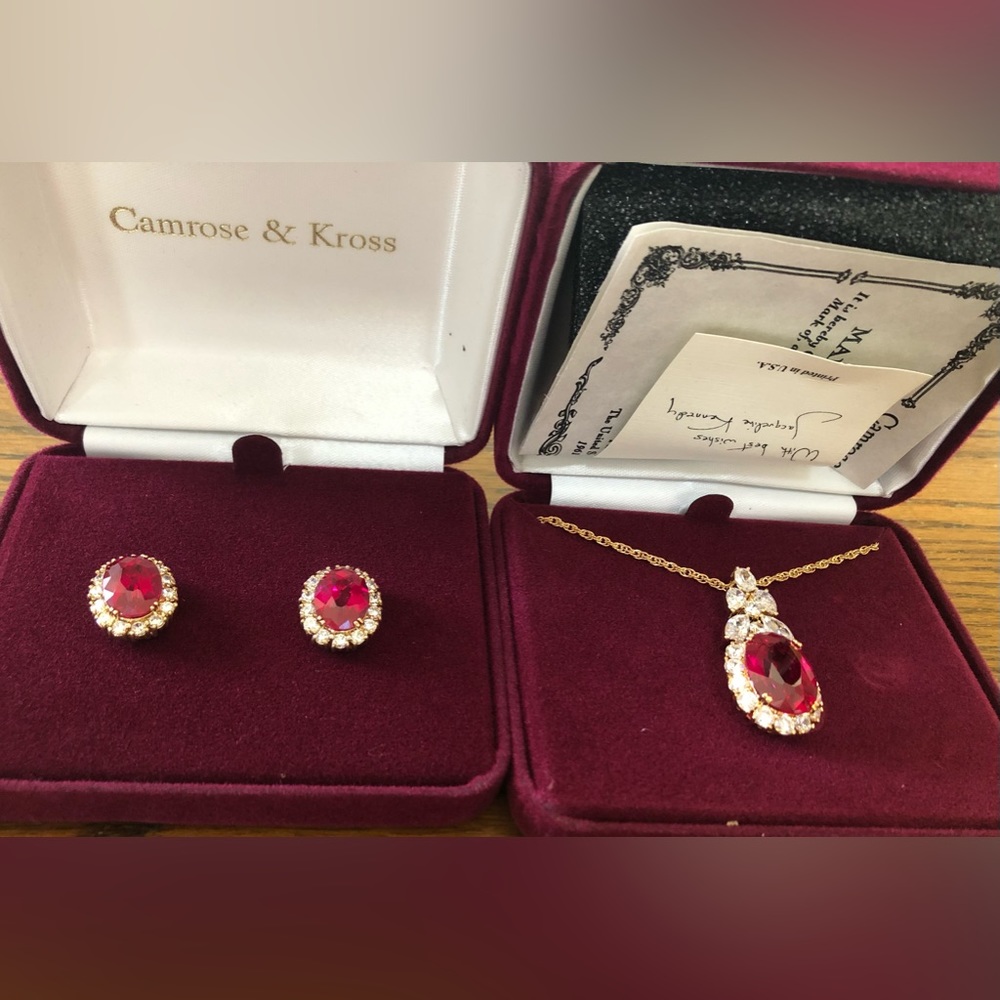 NWT CAMROSE & KROSS Jacqueline Kennedy Ruby Color Stone & CZ Necklace & Earrings